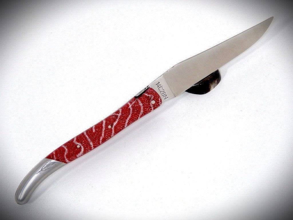 Laguiole Corail fossile rouge, Mitre arrière gravée ciselé par David DAUVILLAIRE