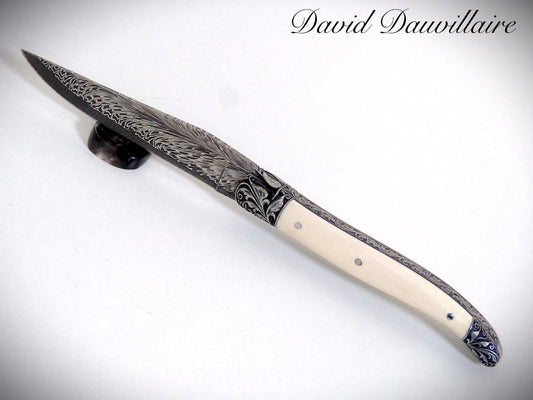 Laguiole“ Acanthus”猛mm象的象牙,雕刻的Mitres,Damasy Blade Feather