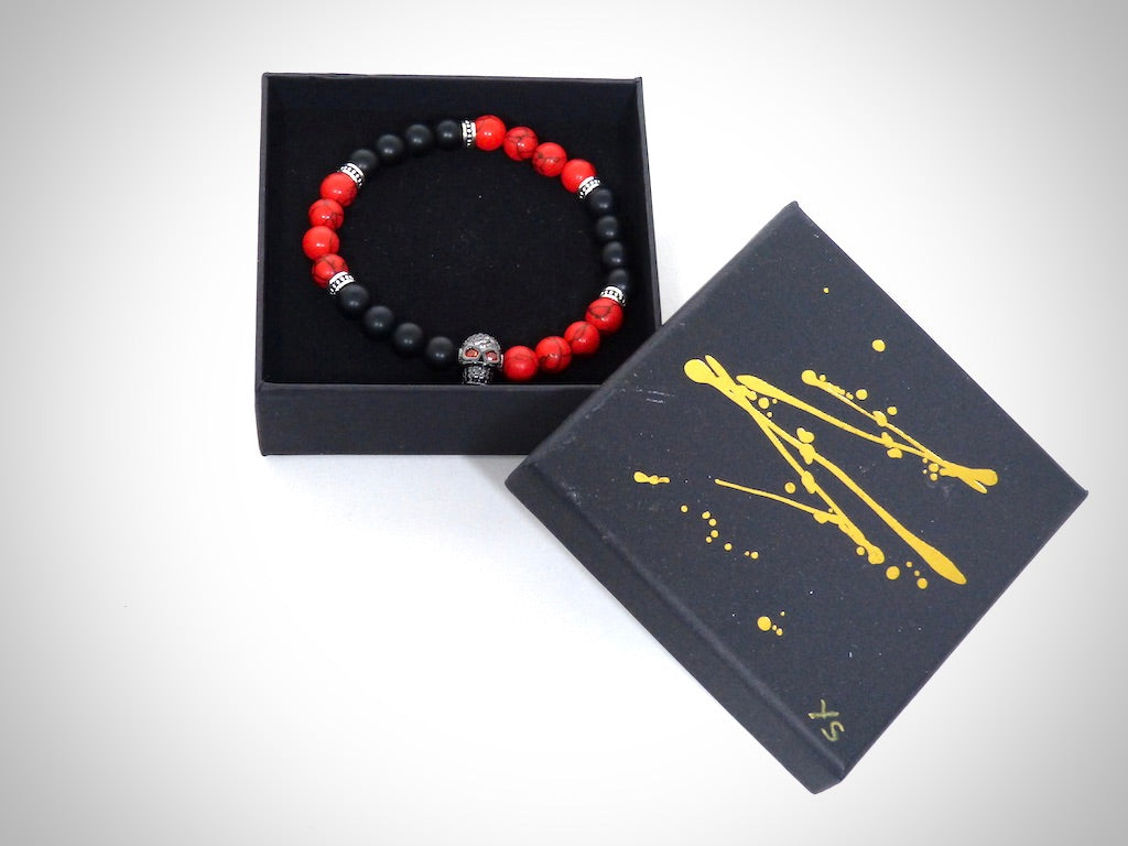Bracelet Homme "Skull" Jaspe rouge, Onyx et Hématites naturelles, fabrication artisanale (Copie)
