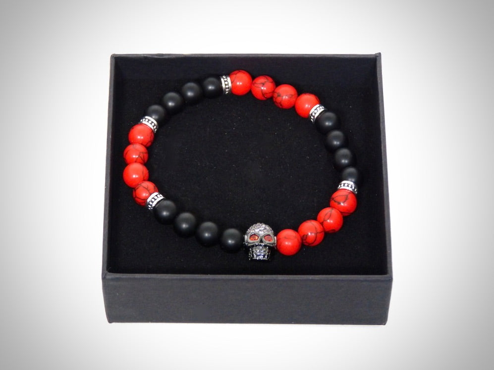 Bracelet Homme "Skull" Jaspe rouge, Onyx et Hématites naturelles, fabrication artisanale (Copie)