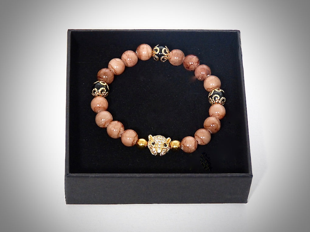 Bracelet "Léopard", Pierres naturelles Calcédoine, jaspe noire fil d'or créé par Y.S CRÉATIONS