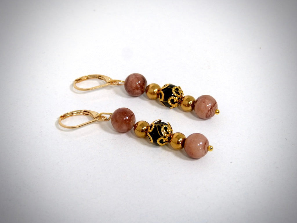 Landscape Jasper Earrings, Black Howlite Gold Wire Handcrafted by YS CRÉATIONS