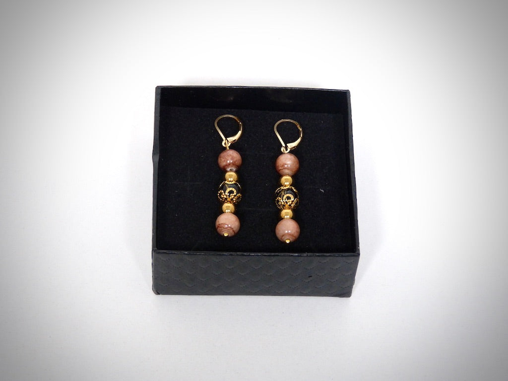 Landscape Jasper Earrings, Black Howlite Gold Wire Handcrafted by YS CRÉATIONS
