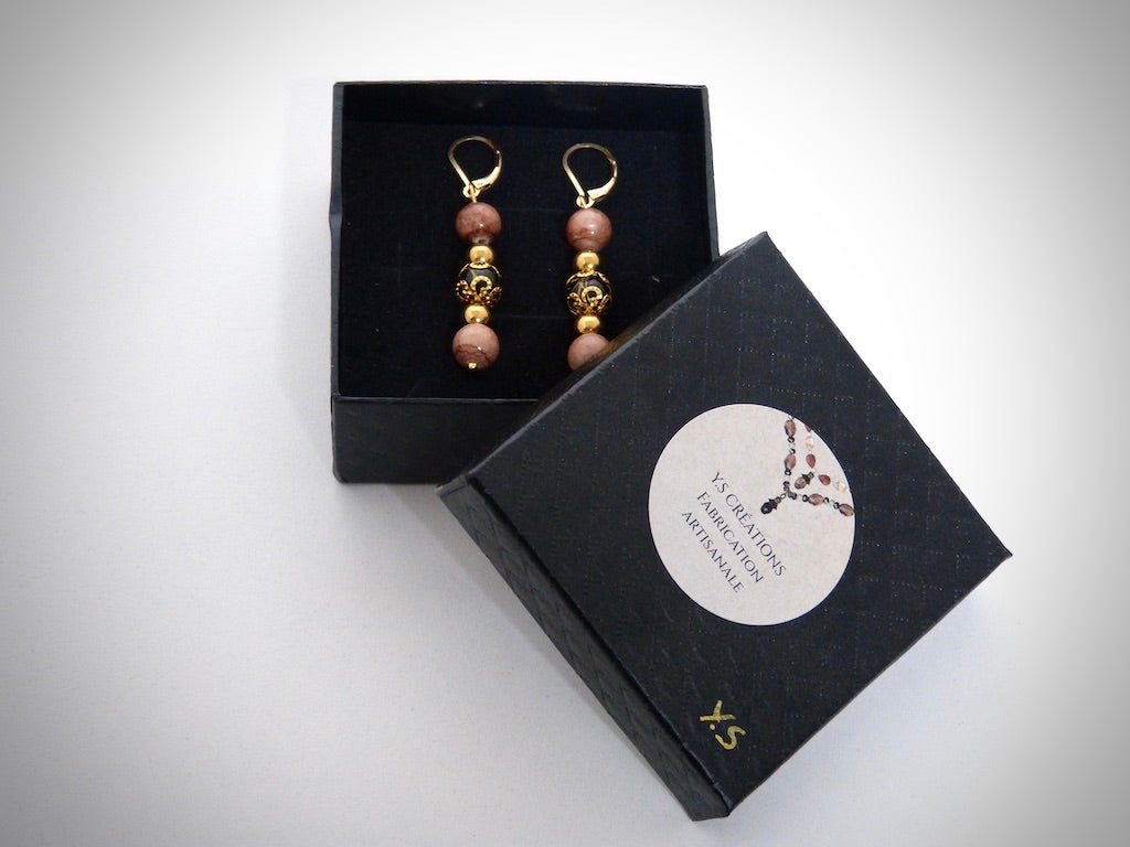 Landschaftsjaspis-Ohrringe, schwarzer Howlith-Goldfaden, handgefertigt von YS CRÉATIONS