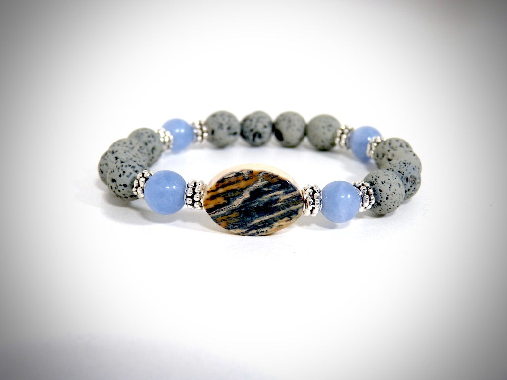 Bracelet Ivoire de Mammouth, Pierre de Lave Grises, Aigues marines fabriqué artisanalement par Y.S CRÉATIONS