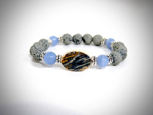 Bracelet Ivoire de Mammouth, Pierre de Lave Grises, Aigues marines fabriqué artisanalement par Y.S CRÉATIONS