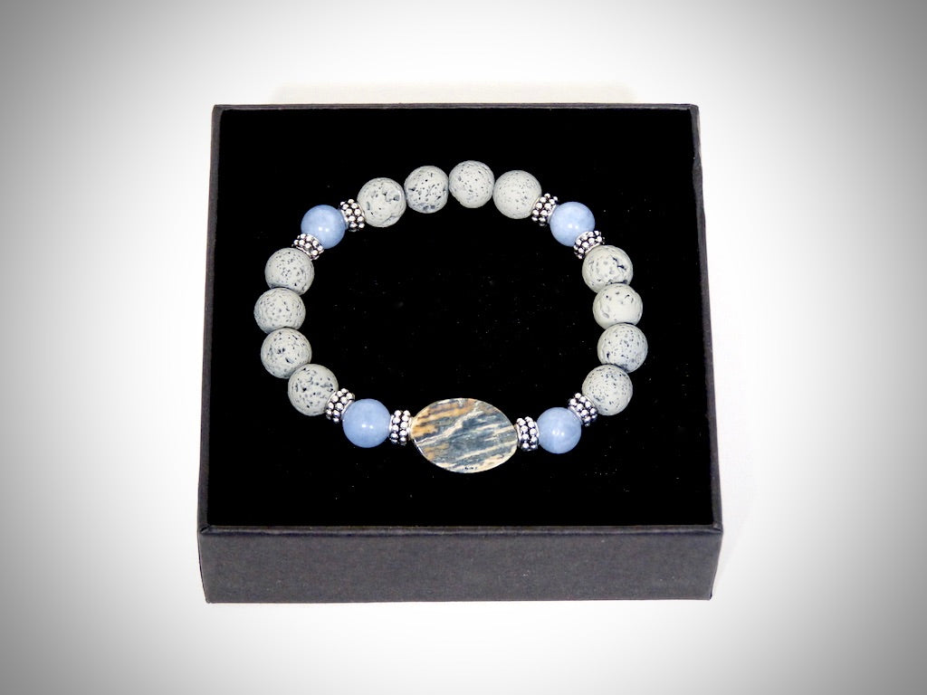 Bracelet Ivoire de Mammouth, Pierre de Lave Grises, Aigues marines fabriqué artisanalement par Y.S CRÉATIONS