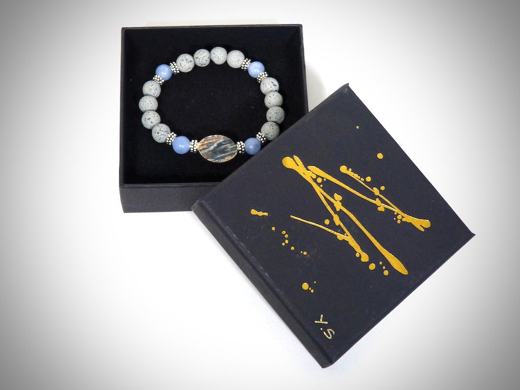 Bracelet Ivoire de Mammouth, Pierre de Lave Grises, Aigues marines fabriqué artisanalement par Y.S CRÉATIONS