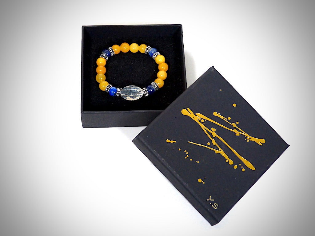 Armband aus Mammutelfenbein, gelbem Achat und Lapislazuli, handgefertigt von YS CRÉATIONS