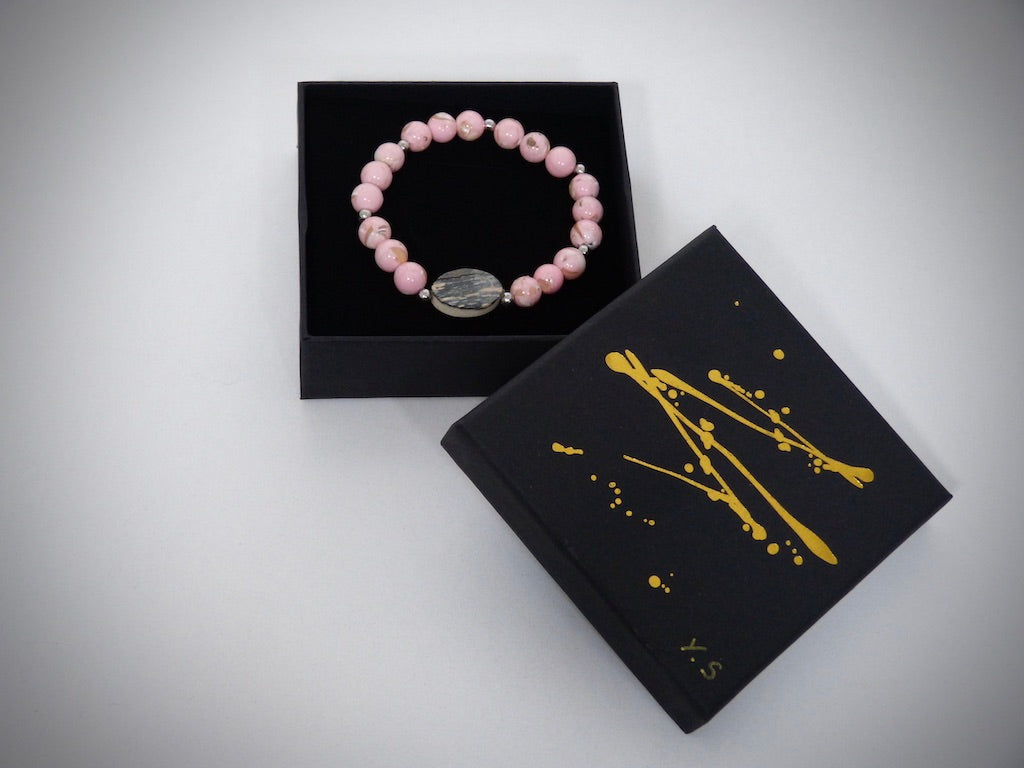 Mammut-Elfenbein-Armband, natürlicher rosa Howlith-Stein, handgefertigt von YS CRÉATIONS