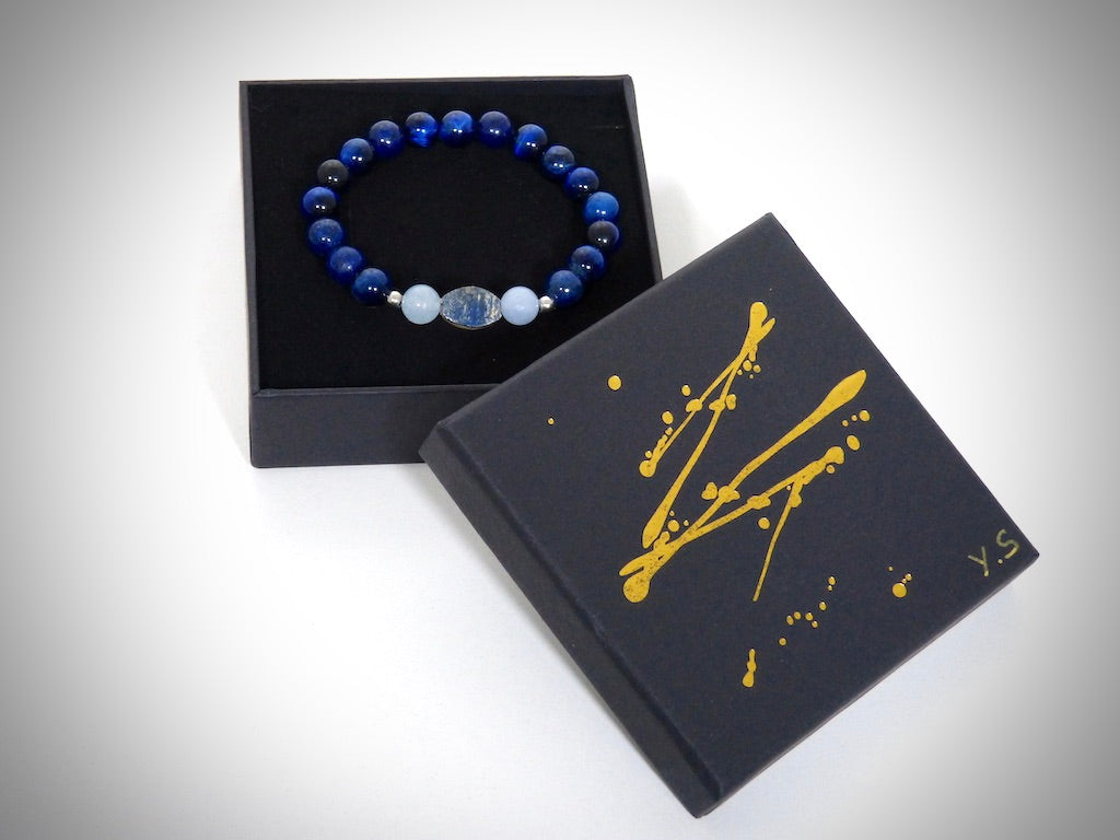 Armband aus Mammutelfenbein, Aquamarin und Lapislazuli, handgefertigt von YS CRÉATIONS