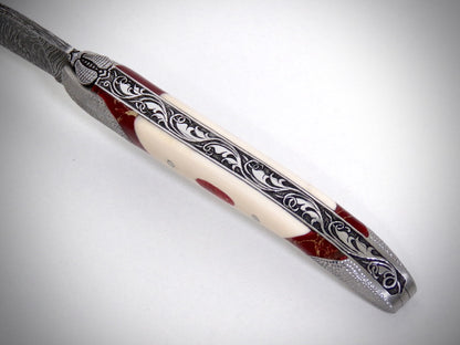 Laguiole 13 cm "Acanthus" Explosion Damascus blade engraved by David DAUVILLAIRE