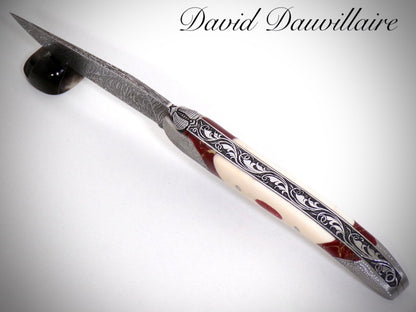 Laguiole 13 cm "Acanthus" Explosion Damascus blade engraved by David DAUVILLAIRE