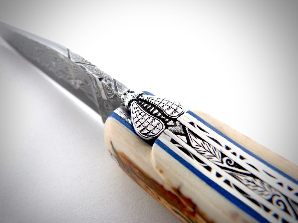 Laguiole Blue Mammoth Ivory Crust, Damascus VG10 blade chiseled by David DAUVILLAIRE