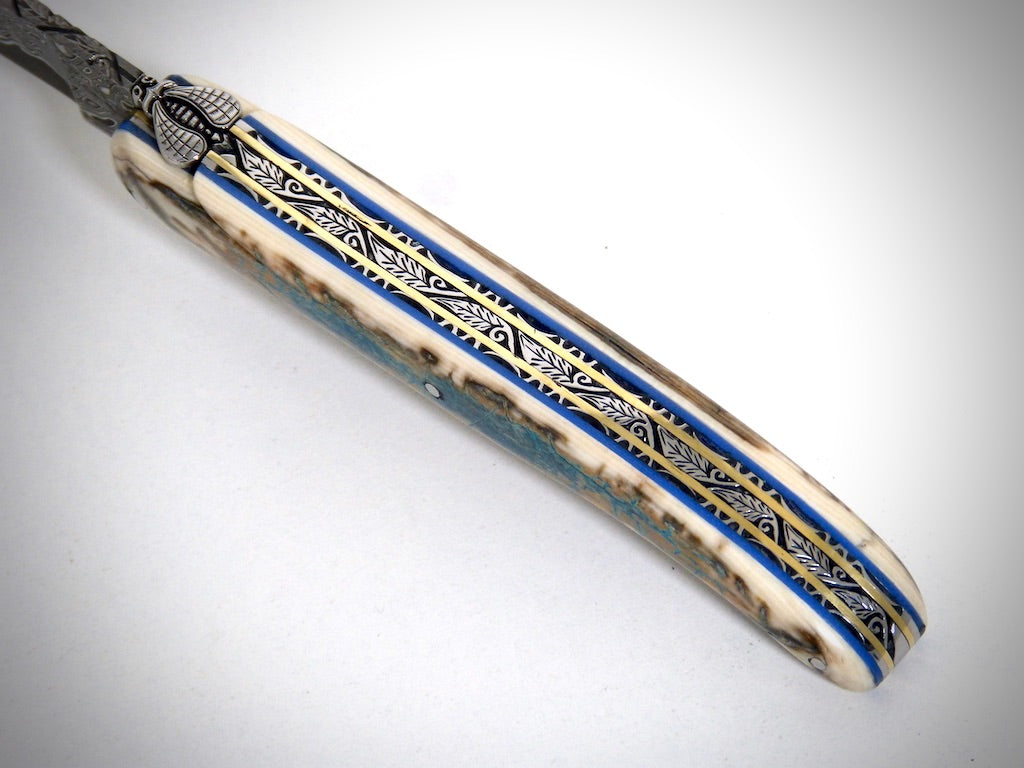 Laguiole Blue Mammoth Ivory Crust, VG10 Damascus blade chiseled by David DAUVILLAIRE