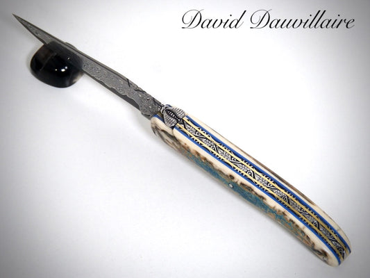 蓝色猛mm象的laguiole象牙皮，刀片Damas VG10卫生由David Dauvillaire