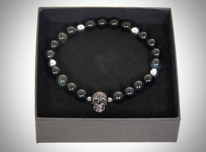 Men's Bracelet "Skull" Black obsidian, Natural silver hematites, handcrafted