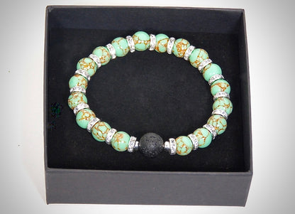 Natural Stone Bracelet Green Howlite Gold Thread and Lava Stone, handcrafted