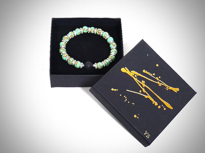 Natural Stone Bracelet Green Howlite Gold Thread and Lava Stone, handcrafted