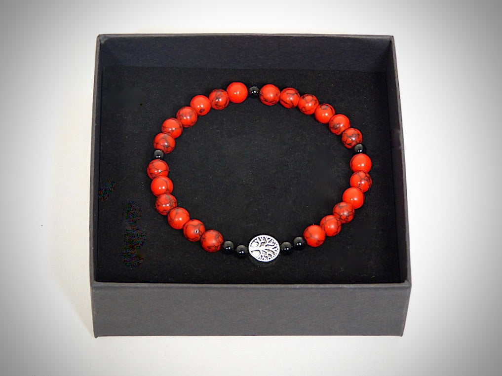 Bracelet "Tree of Life" Natural Stone Red Jasper, Obsidian handcrafted