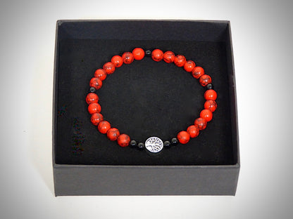 Bracelet "Tree of Life" Natural Stone Red Jasper, Obsidian handcrafted