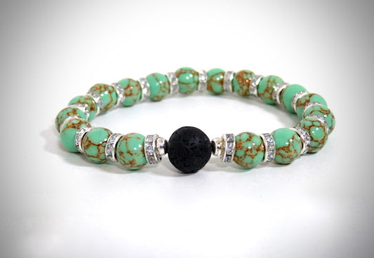 Natural Stone Bracelet Green Howlite Gold Thread and Lava Stone, handcrafted