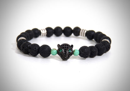 Men's Bracelet "Leopard" Lava Stone, Natural Stone Green Howlite Gold Thread, handcrafted