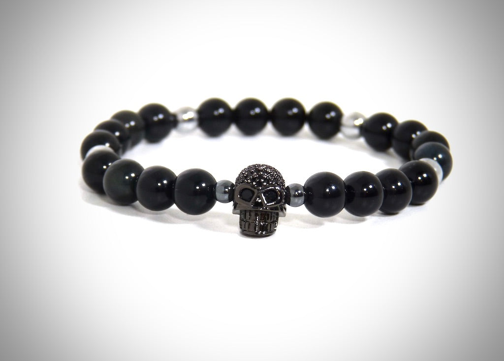 Herrenarmband „Totenkopf“ Schwarzer Obsidian, natürliche Silberhämatite, handgefertigt