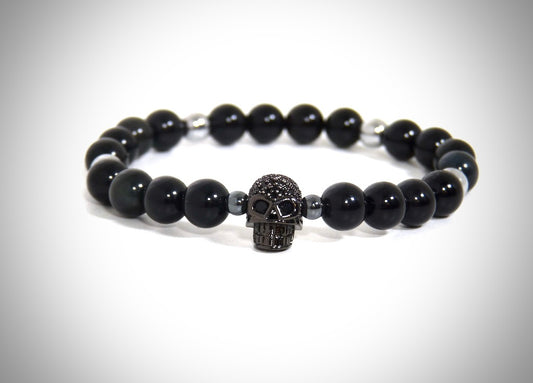 Men's Bracelet "Skull" Black obsidian, Natural silver hematites, handcrafted