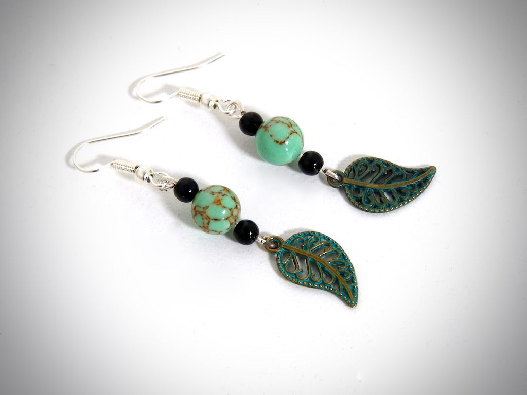 Boucles d'Oreilles Howlite verte fil d'Or, Obsidienne, Fabrication artisanale Y.S CREATIONS