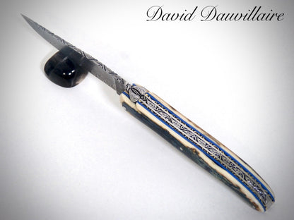 Laguiole Blue Mammoth Ivory Crust, Damascus Plume blade chiseled by David DAUVILLAIRE