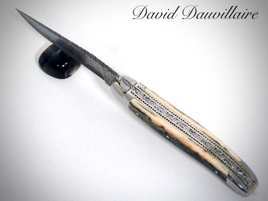 Laguiole Blue Mammoth Ivory Crust, VG10 Damascus blade chiseled by David DAUVILLAIRE