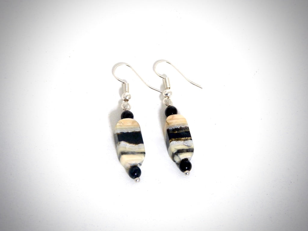 Boucles d'Oreilles Molaire de Mammouth, Obsidienne, Fabrication artisanale Y.S CREATIONS