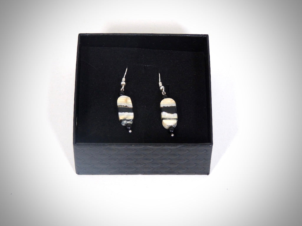 Boucles d'Oreilles Molaire de Mammouth, Obsidienne, Fabrication artisanale Y.S CREATIONS