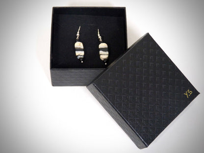 Boucles d'Oreilles Molaire de Mammouth, Obsidienne, Fabrication artisanale Y.S CREATIONS