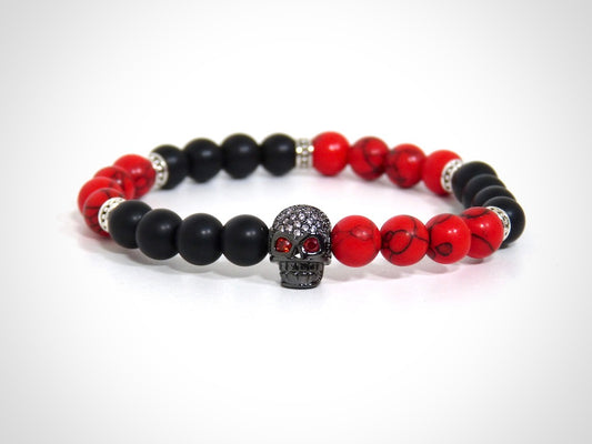 Herrenarmband „Totenkopf“ Roter Jaspis, Onyx und natürliche Hämatite, handgefertigt (Kopie)