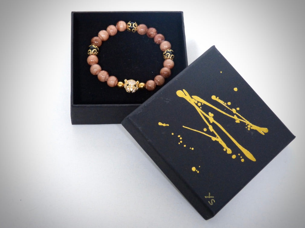 "Leopard" Bracelet, Natural Chalcedony Stones, Black Jasper Gold Wire Created by YS CRÉATIONS