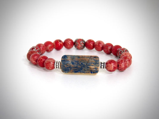 Bracelet Ivoire de Mammouth bleu, Pierres naturelles Jaspes rouges fabriqué artisanalement par Y.S CRÉATIONS