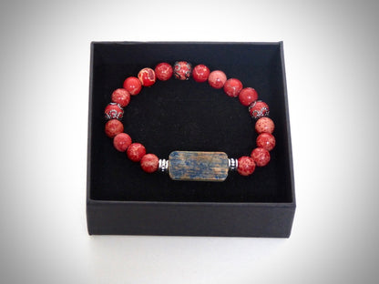 Bracelet Ivoire de Mammouth bleu, Pierres naturelles Jaspes rouges fabriqué artisanalement par Y.S CRÉATIONS