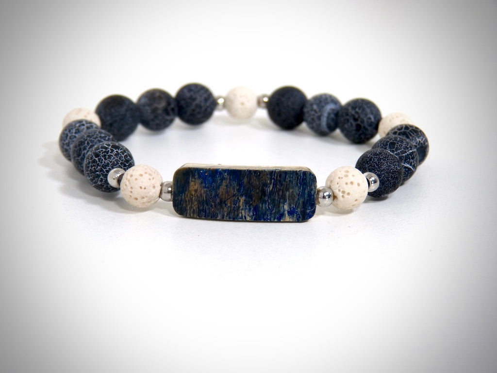 Blue Mammoth Ivory Bracelet, White and Grey Lava Stone Handcrafted by YS CRÉATION