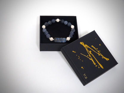 Blue Mammoth Ivory Bracelet, White and Grey Lava Stone Handcrafted by YS CRÉATION