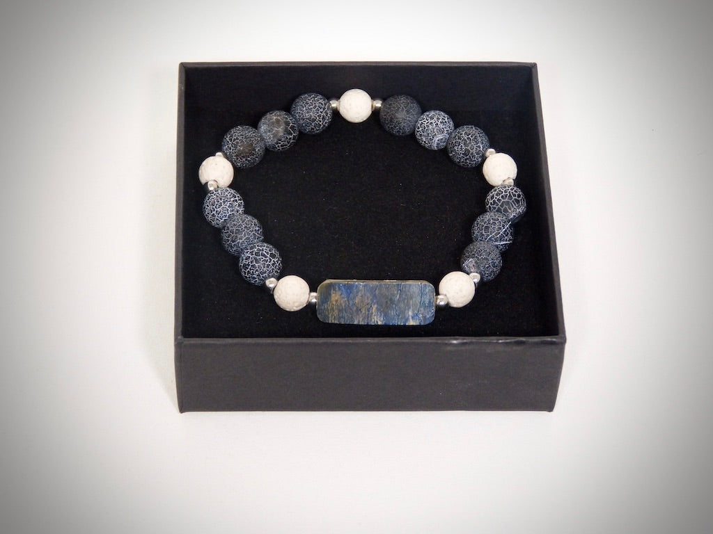 Blue Mammoth Ivory Bracelet, White and Grey Lava Stone Handcrafted by YS CRÉATION