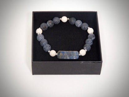 Blue Mammoth Ivory Bracelet, White and Grey Lava Stone Handcrafted by YS CRÉATION