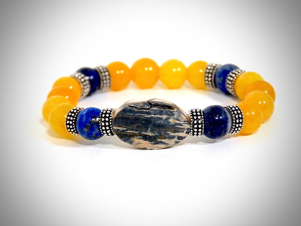 Armband aus Mammutelfenbein, gelbem Achat und Lapislazuli, handgefertigt von YS CRÉATIONS