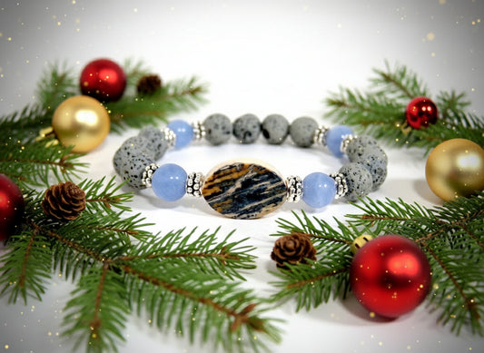 Bracelet Ivoire de Mammouth, Pierres de lave grises fabriqué artisanalement par Y.S CRÉATIONS