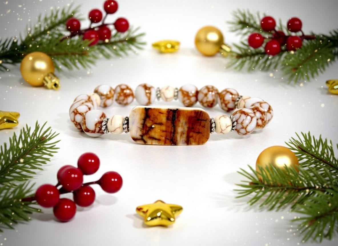 Mammoth ivory bracelet, golden howlite, handcrafted by YS CRÉATIONS