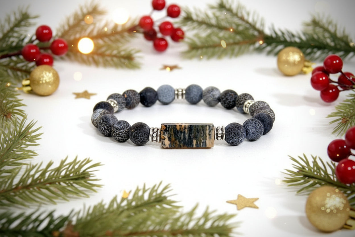 Bracelet Ivoire de Mammouth, Pierre de Lave grises fabriqué artisanalement par Y.S CRÉATIONS