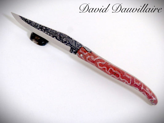 Laguiole "Koï" Fossil coral, Blade engraved by David DAUVILLAIRE